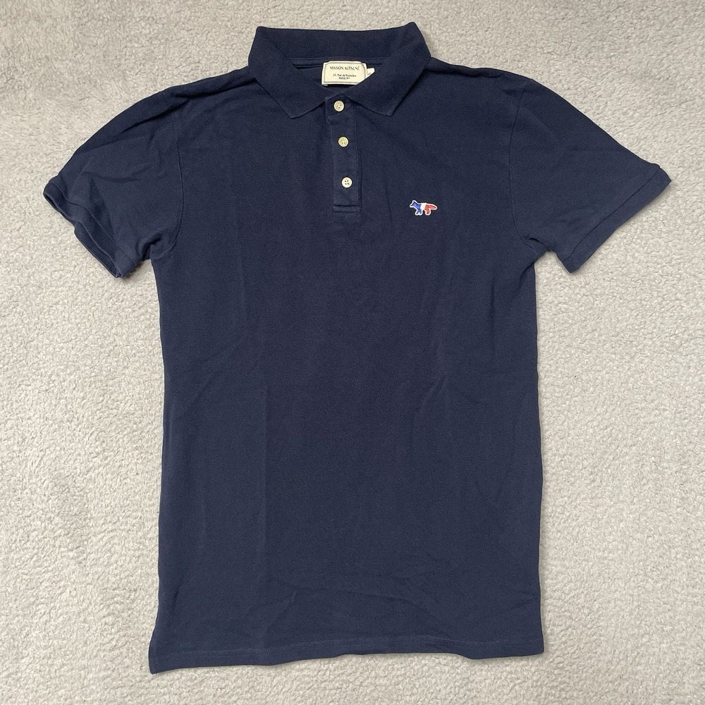 Maison Kitsune Polo Shirt Mens Small Blue Tricolor Fox Patch AM00200KJ7002